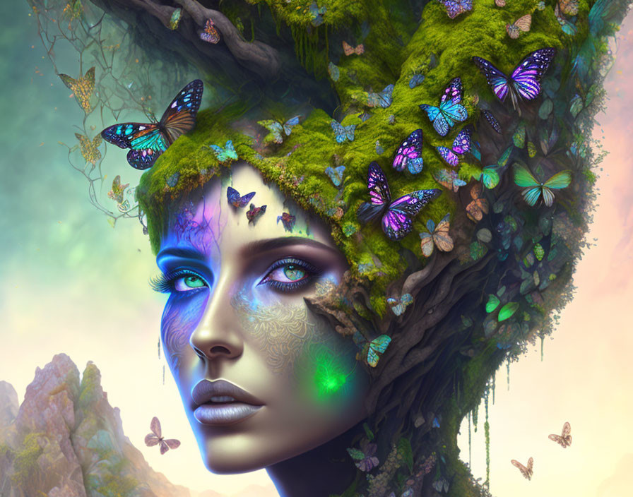 Mystical human-like face in tree with moss, butterflies, and dreamy atmosphere