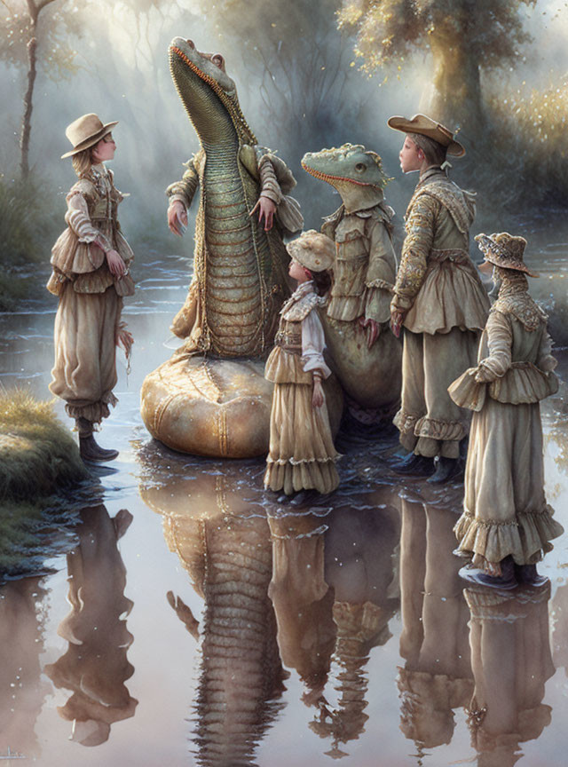 Children in Vintage Clothing Stand with Alligators in Mystical Swamp