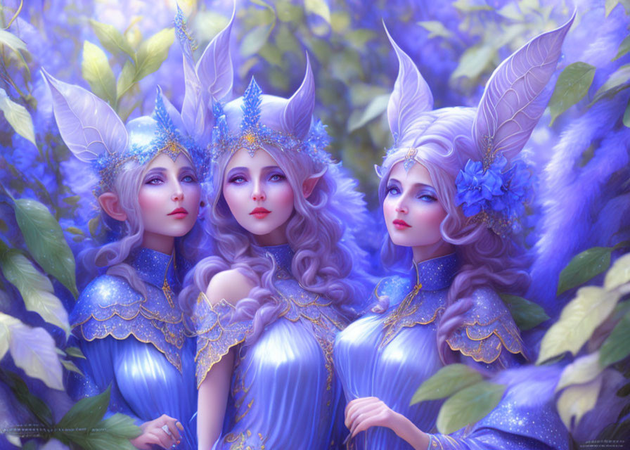 Ethereal female figures in blue and gold attire in purple floral landscape