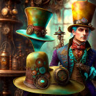 Elaborate steampunk costume with green top hat in gear-filled room