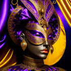 Luxurious Purple and Gold Venetian Mask on Woman Against Rich Background