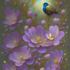 Vibrant blue bird with purple flowers and golden branches on glowing blue backdrop