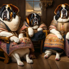 Three dogs in regal medieval costumes against rustic wooden backdrop