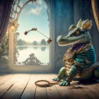 Anthropomorphic alligator in royal attire at grand piano in opulent room