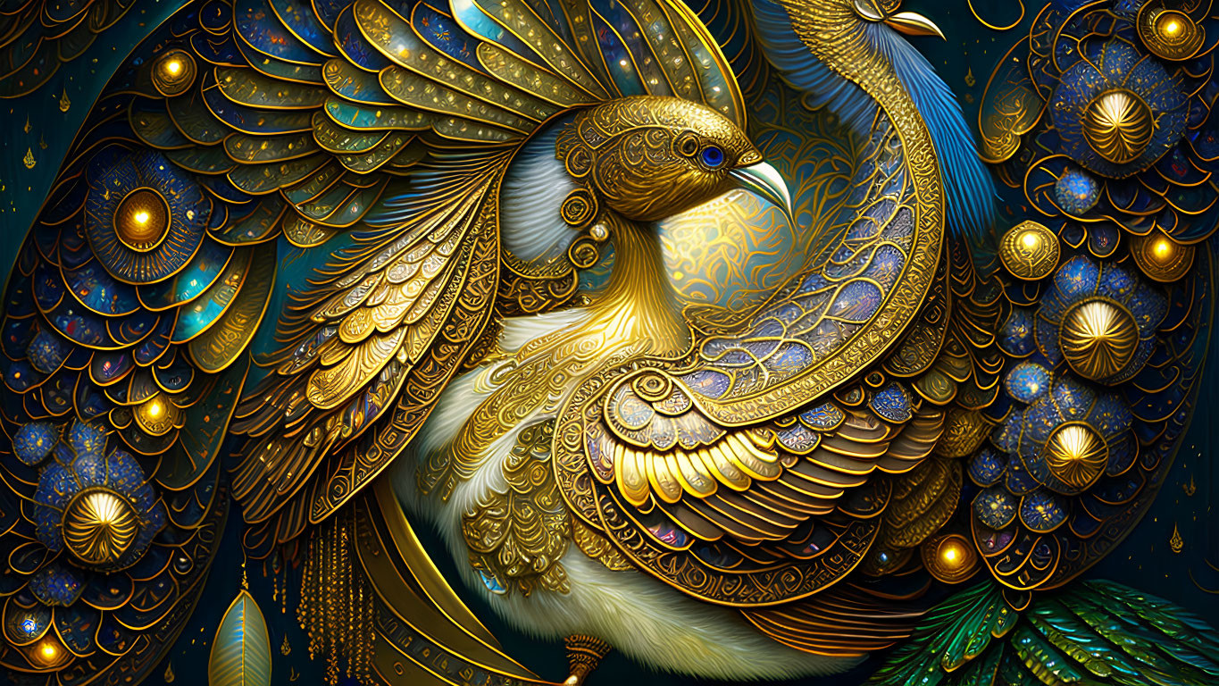 Golden Peacock with Blue and Gold Feathers on Navy Background