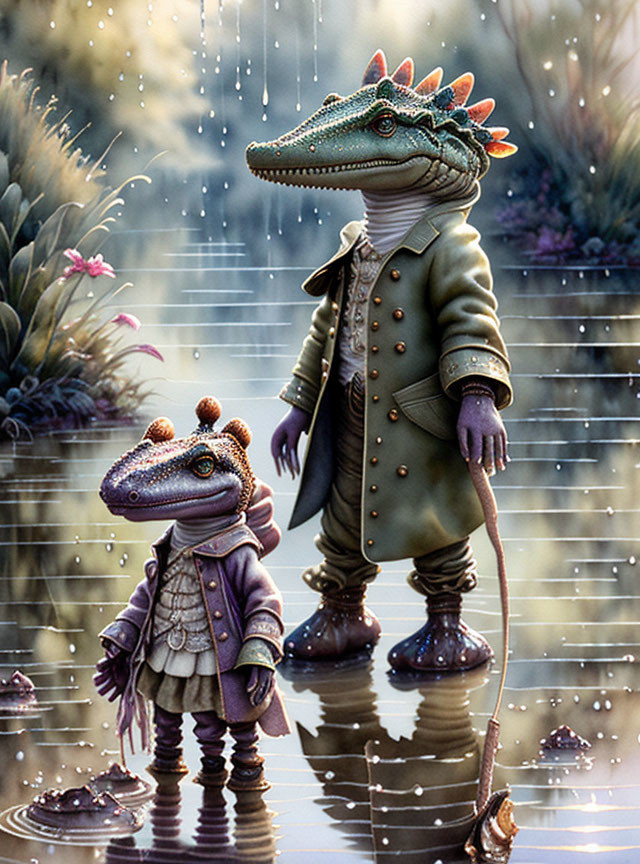 Vintage anthropomorphic alligators in rain with cane