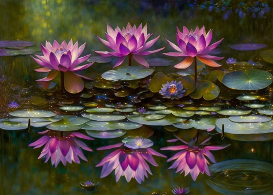 Pink Lotus Flowers Blooming on Blue Water Surface