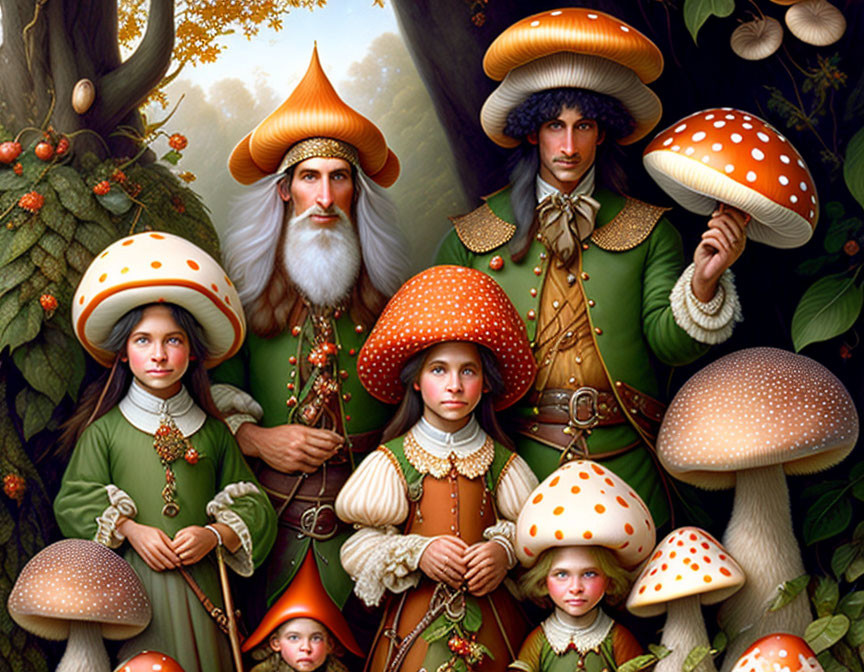 Whimsical forest illustration with four characters wearing mushroom hats