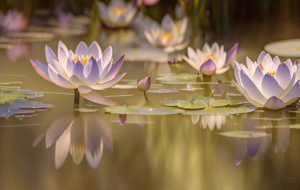 Tranquil pond with pink lotus flowers and reflections in soft light