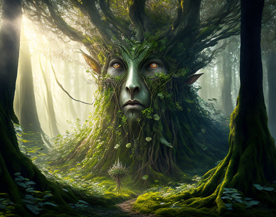 Illustration of mystical forest spirit in lush greenery