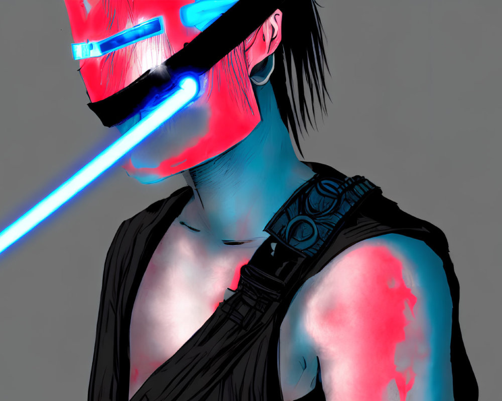 Cyberpunk-themed illustration with glowing visor and light beam on grey background