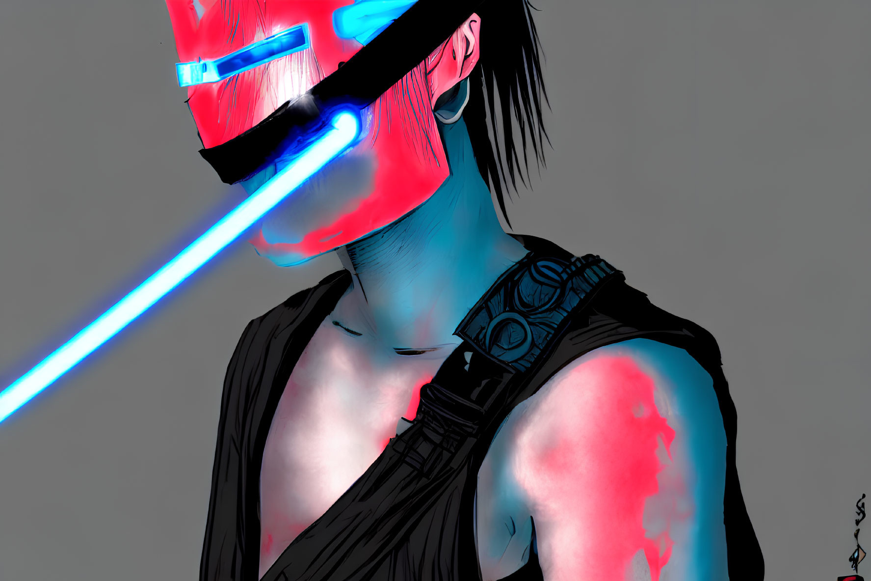 Cyberpunk-themed illustration with glowing visor and light beam on grey background