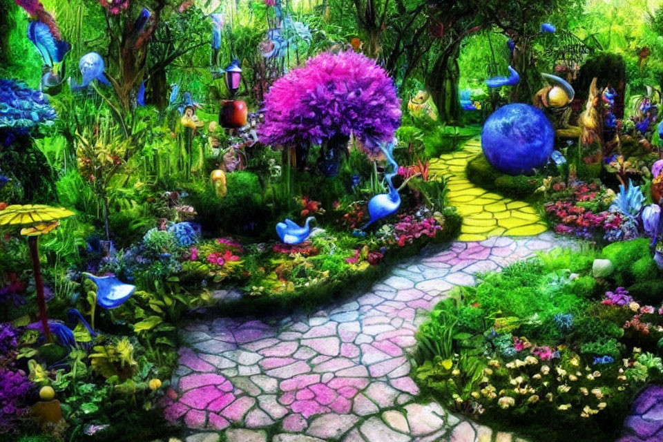 Colorful Flora and Fantastical Elements in Vibrant Garden