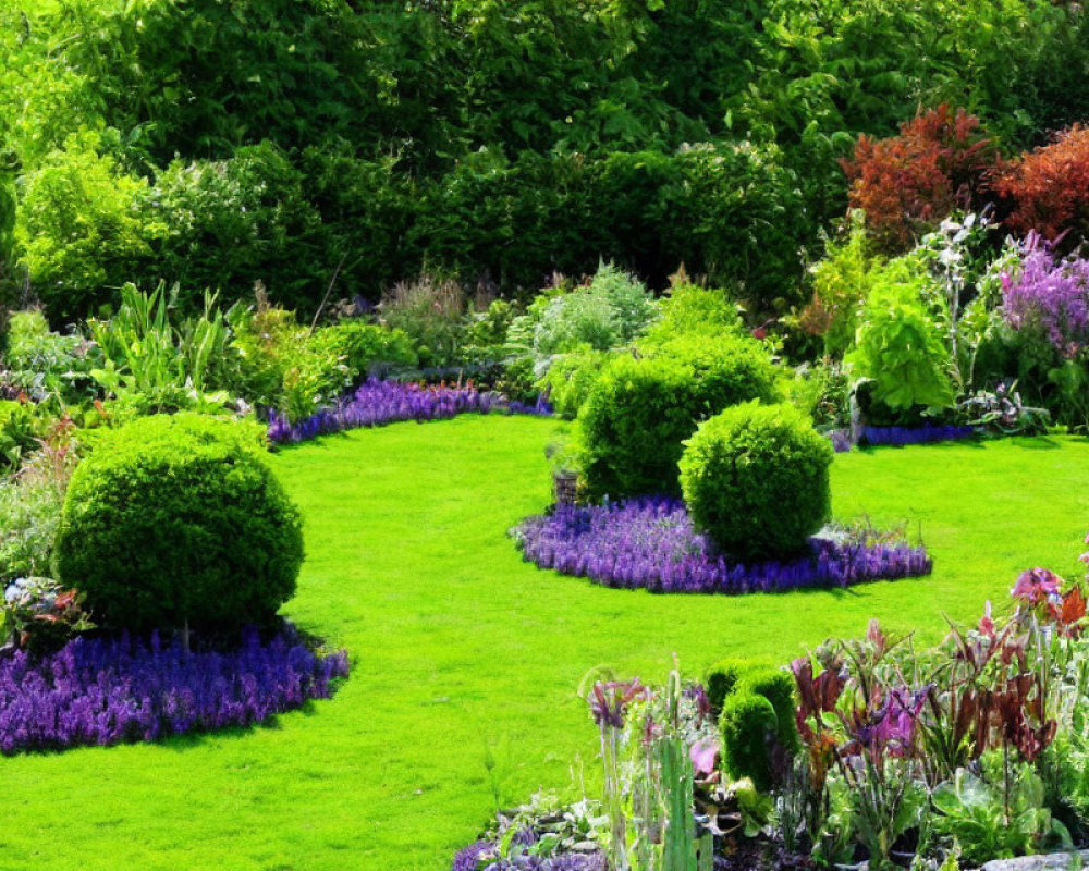 Manicured garden with green grass, trimmed hedges, colorful blooms