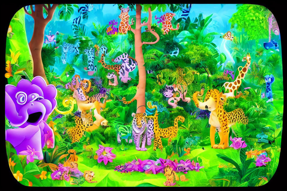 Vibrant Jungle Scene with Stylized Animals and Flora