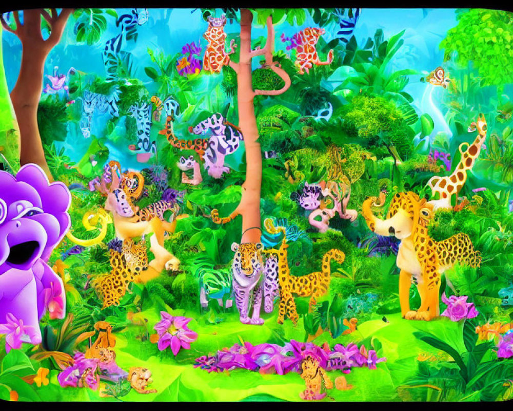 Vibrant Jungle Scene with Stylized Animals and Flora