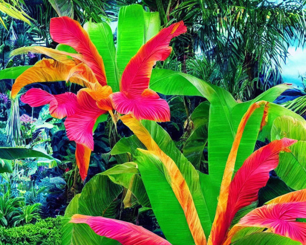 Vivid Tropical Scene with Pink Flowers and Green Foliage