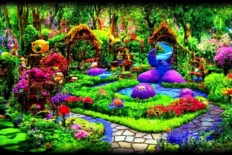 Colorful Fantasy Garden with Whimsical Plants and Cobblestone Path