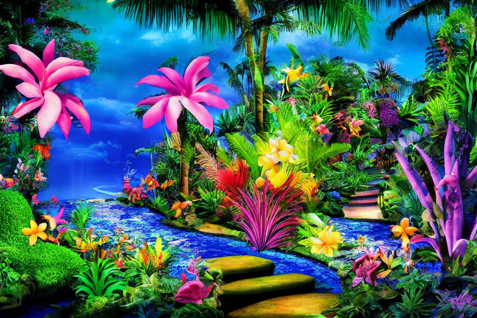 Colorful Tropical Paradise with Waterfall and Stone Path