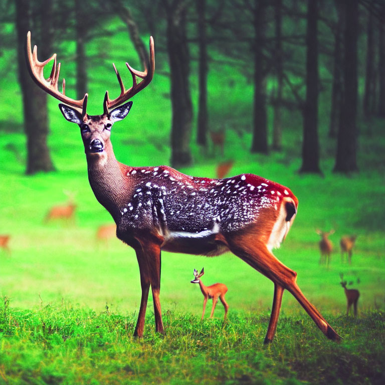 Male human face on deer with antlers in green forest scene