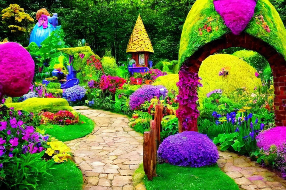 Colorful Flower Garden with Moss-Covered Structures and Fairy-Tale Theme