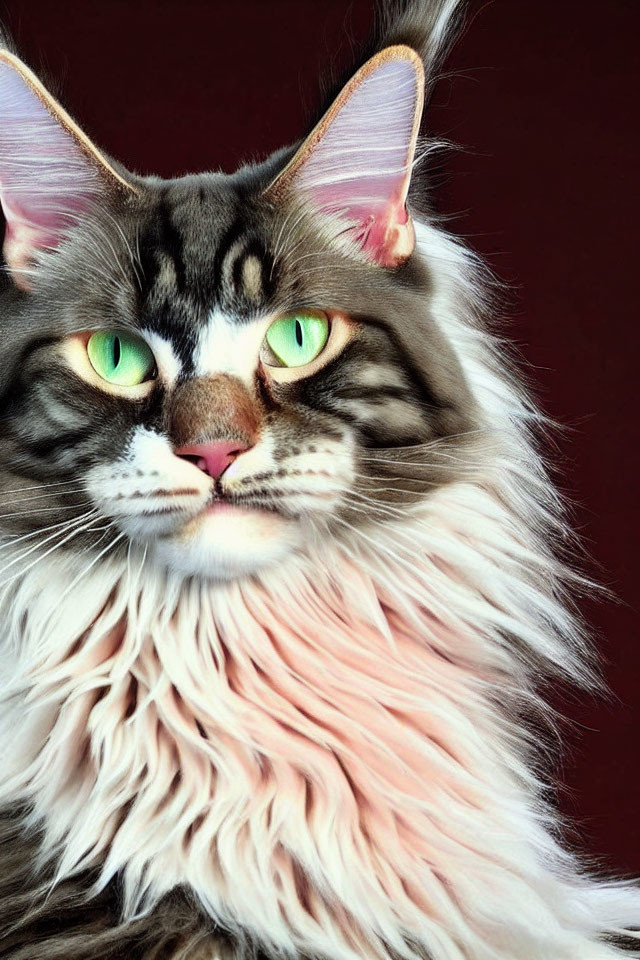 Maine Coon Cat with Tufted Ears, Green Eyes, and Luxurious Fur Coat