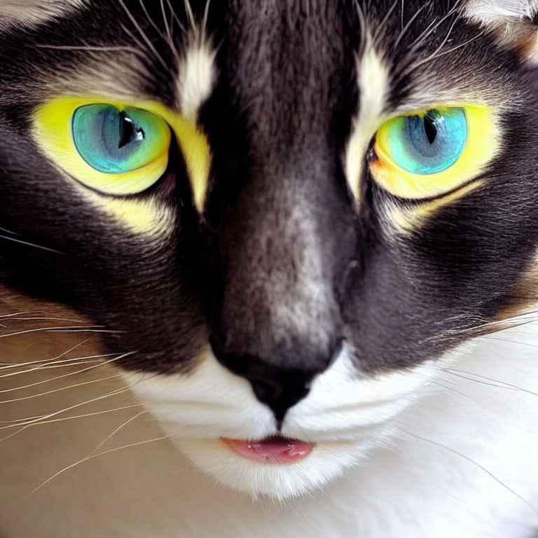 Black and White Cat with Greenish-Yellow Eyes and Pink Nose Close-Up