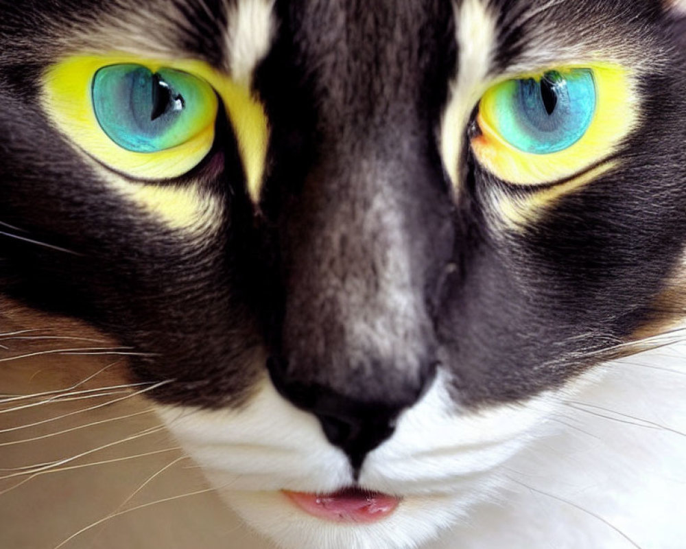 Black and White Cat with Greenish-Yellow Eyes and Pink Nose Close-Up