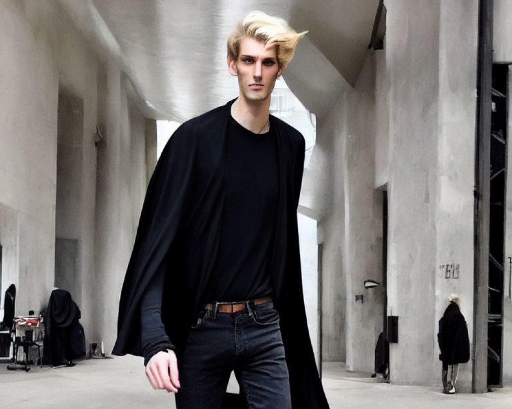 Blond man in black shirt and cape walking in modern structure