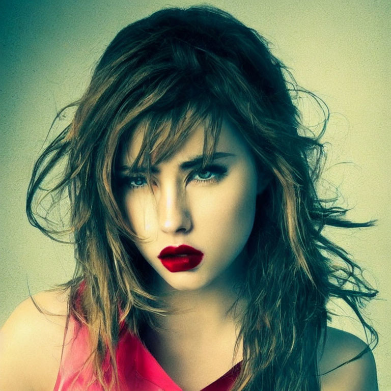 Portrait of Woman with Messy Brunette Hair and Striking Blue Eyes