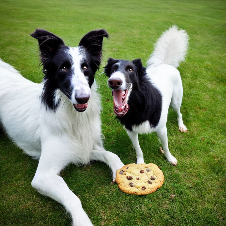 Two Border Collies with a large cookie on grass, one sitting and one standing