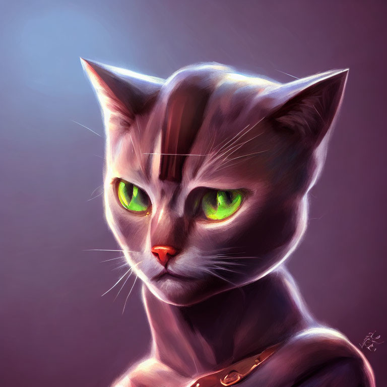 Anthropomorphic cat digital art: green-eyed and contemplative on purple backdrop