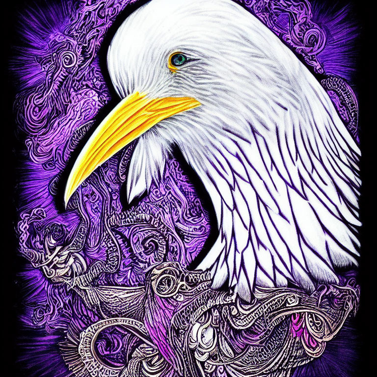 Detailed White Eagle Head Illustration on Purple Abstract Background