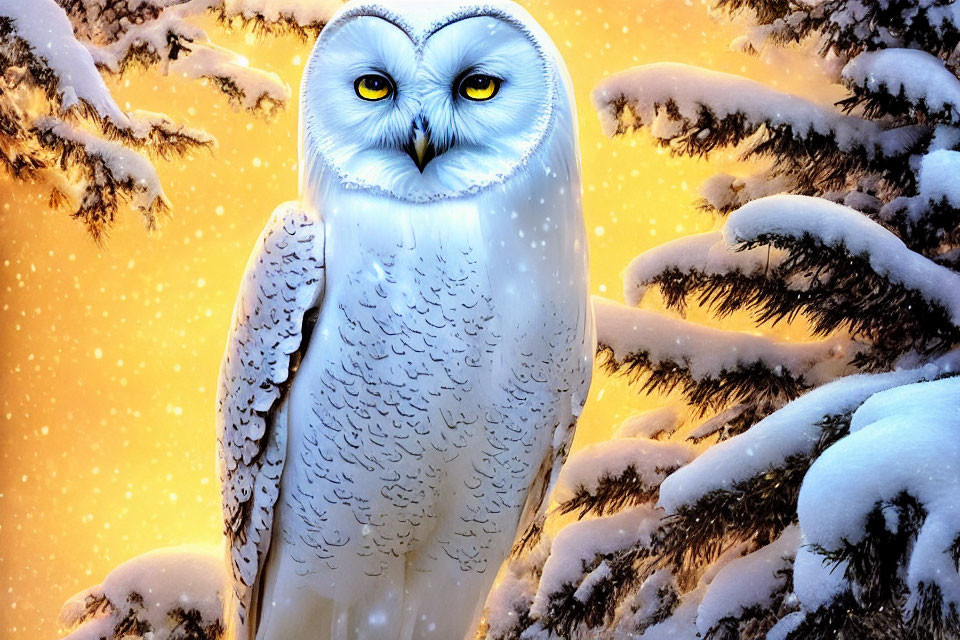 Snowy owl perched on snow-covered branch with falling snowflakes