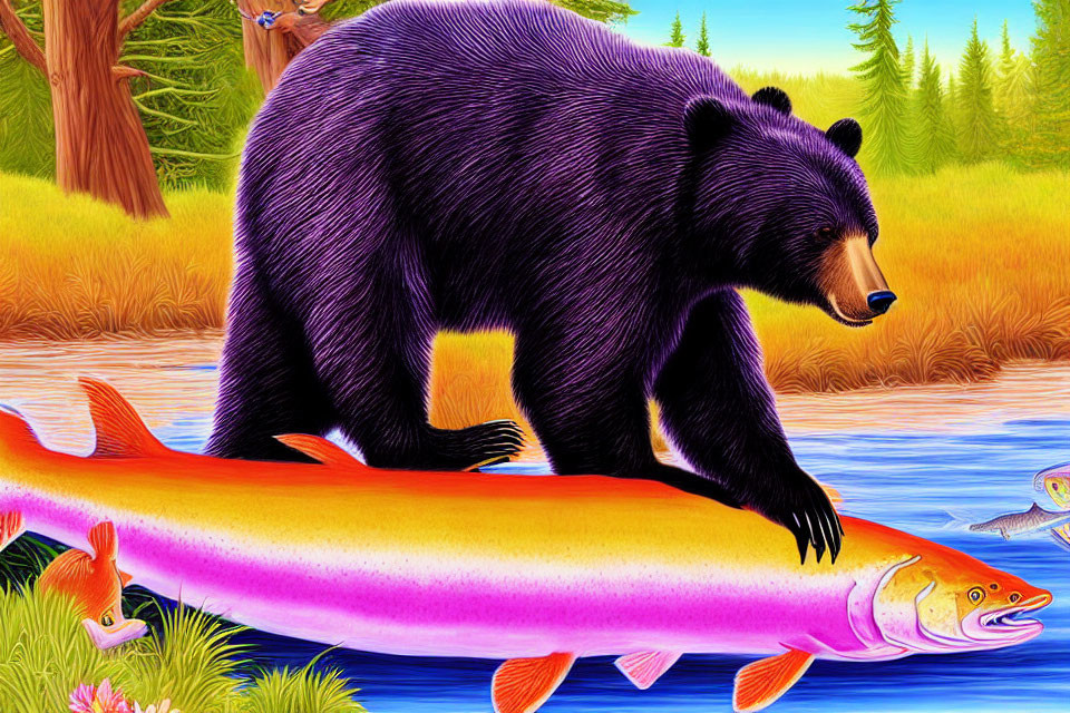 Colorful Bear Illustration by River with Salmon in Forest