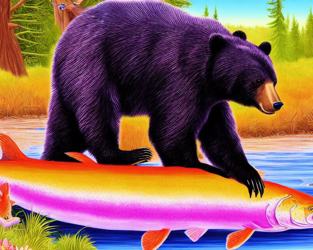 Colorful Bear Illustration by River with Salmon in Forest