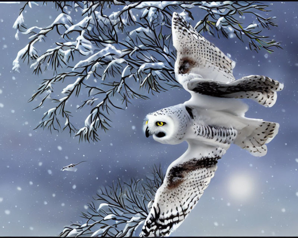 Snowy Owl Flying in Snowy Winter Scene