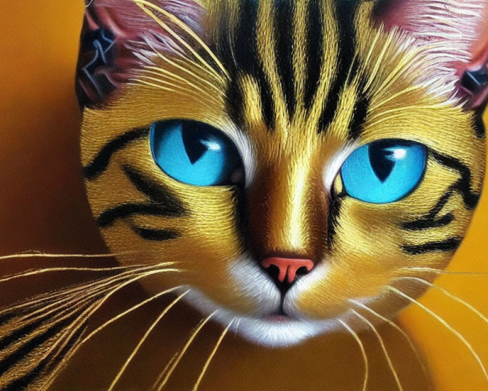 Hyper-realistic painting of cat with blue eyes on yellow background