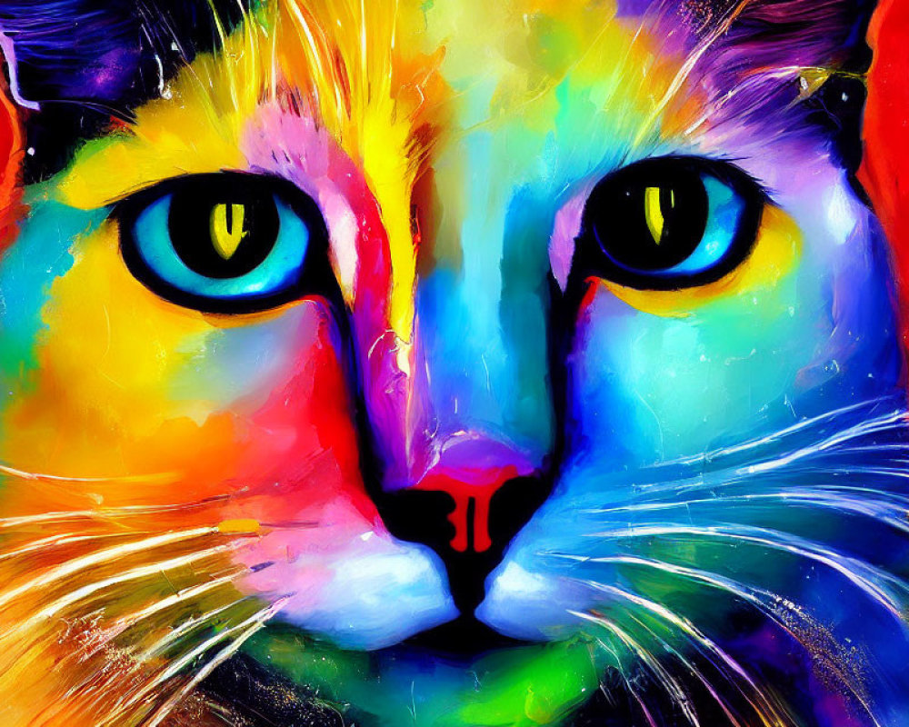 Colorful Abstract Cat Face Painting with Yellow Eyes and Vibrant Hues