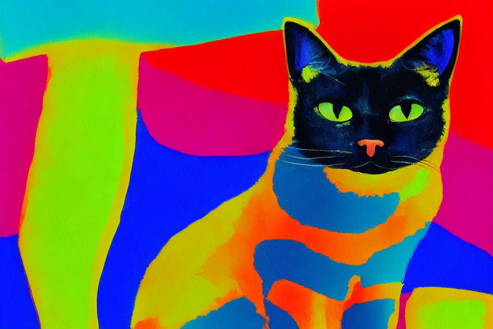 Vibrant abstract cat illustration with blue, green, orange, and pink hues