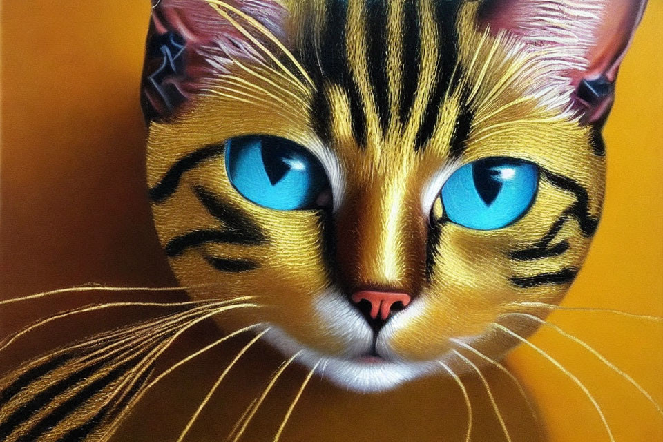 Hyper-realistic painting of cat with blue eyes on yellow background