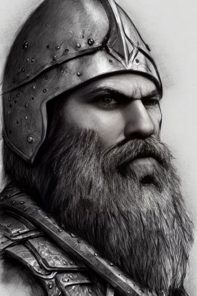 Monochrome bearded warrior in medieval/fantasy armor with intense gaze