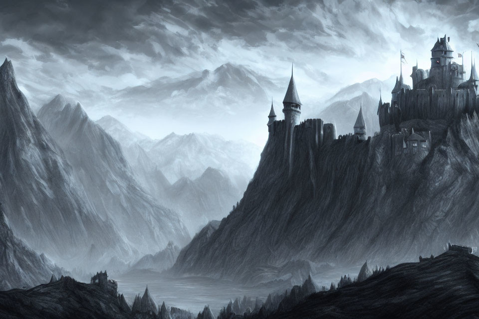 Monochrome fantasy landscape with majestic castle, cliffs, mountains, and river