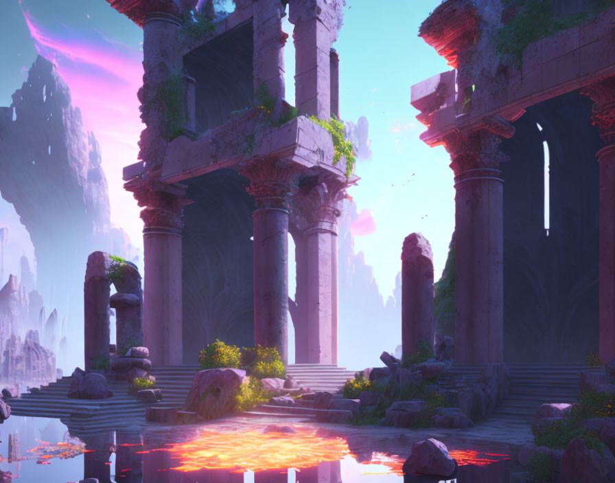 Overgrown ancient ruins with lava pool under pink and blue sky