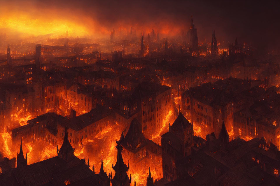 Cityscape engulfed in flames under night sky with ominous orange glow.