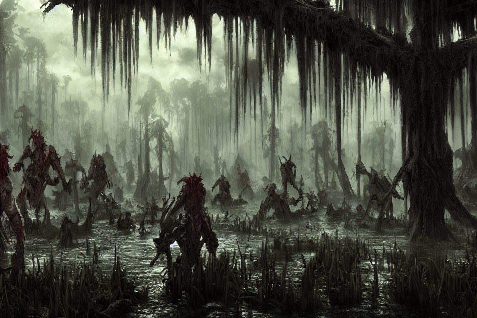 Eerie swamp scene with twisted trees and shadowy figures