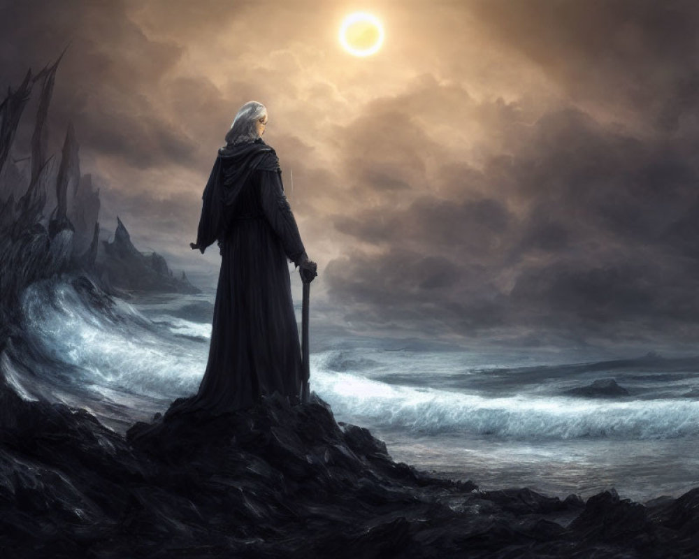 Cloaked figure on rocky shore gazes at turbulent sea under dramatic sky