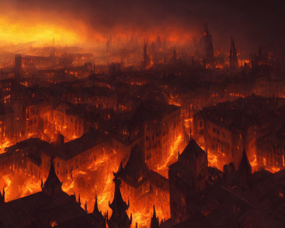 Cityscape engulfed in flames under night sky with ominous orange glow.