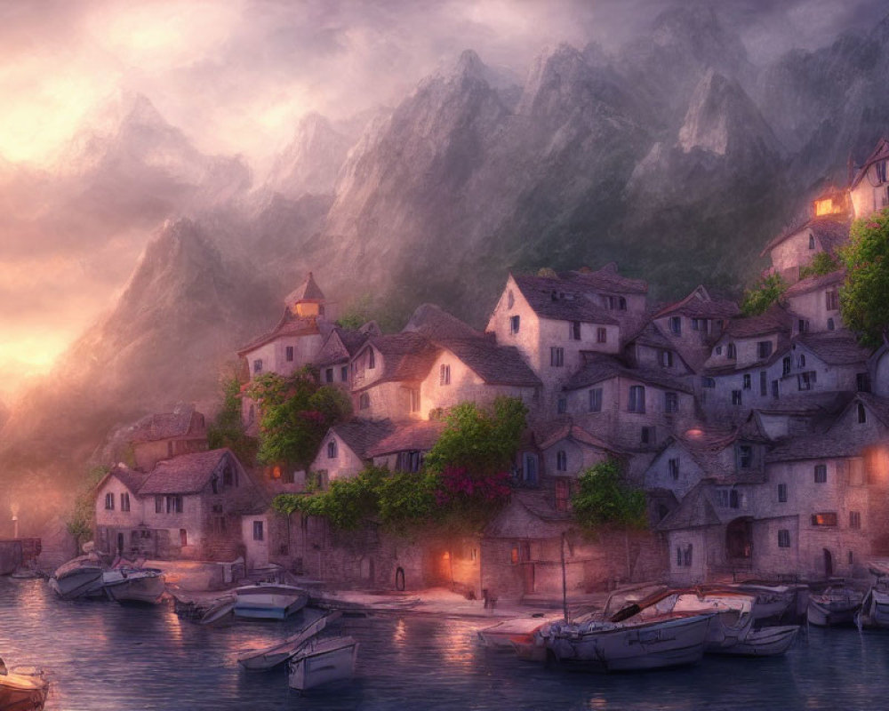 Scenic lakeside village at dusk with misty mountains, stone houses, and glowing windows