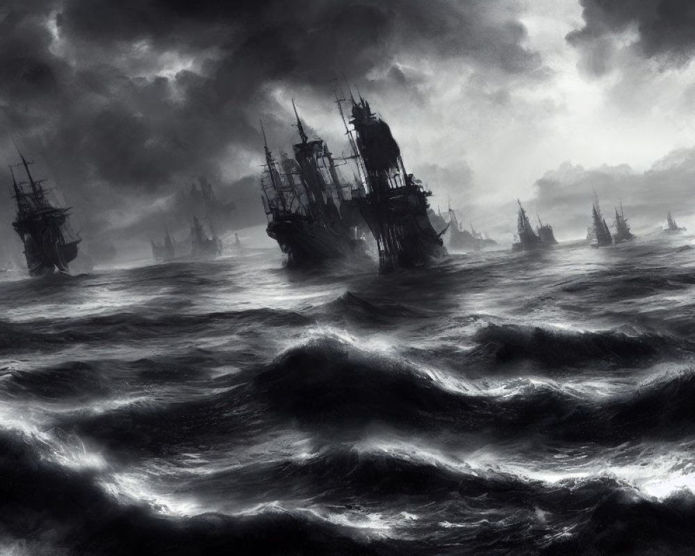 Monochrome image of galleon ships in stormy sea